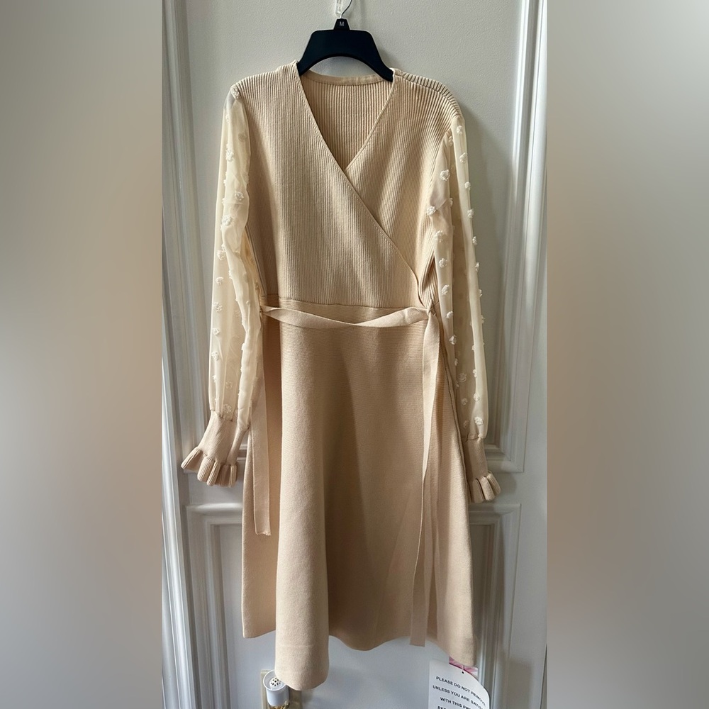 NWT Chicwish Ivory Long Sheer Sleeve Faux Wrap Dress with Waist Tie Size L